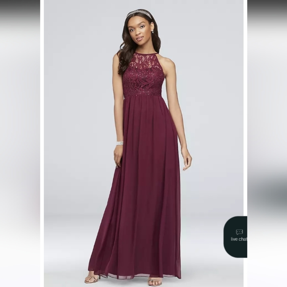 🦄Wedtrend Elegant Burgundy Lace Maxi Dress Halter Size Small 18" Pit